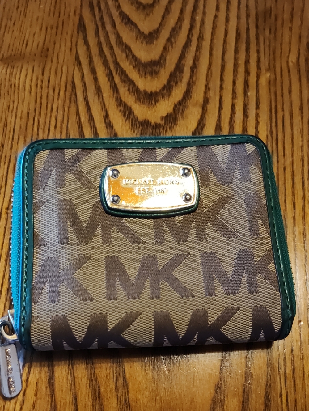 Michael Kors Brown Monogram Wallet with Teal Trim